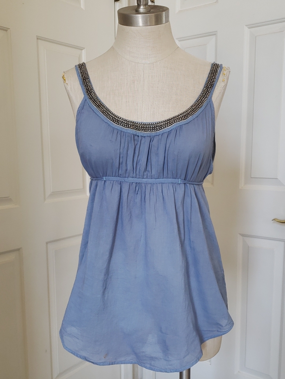 💐 Free People Vintage Boho Bead Trim Camisole Blue Festival Tank Top SMALL - Picture 2 of 11
